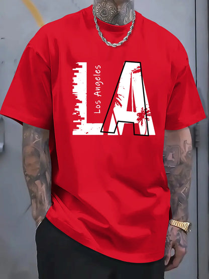 Men's summer 100 cotton fashionable casual loose plus size Los Angeles letter printed sports round neck short sleeved T-shirt