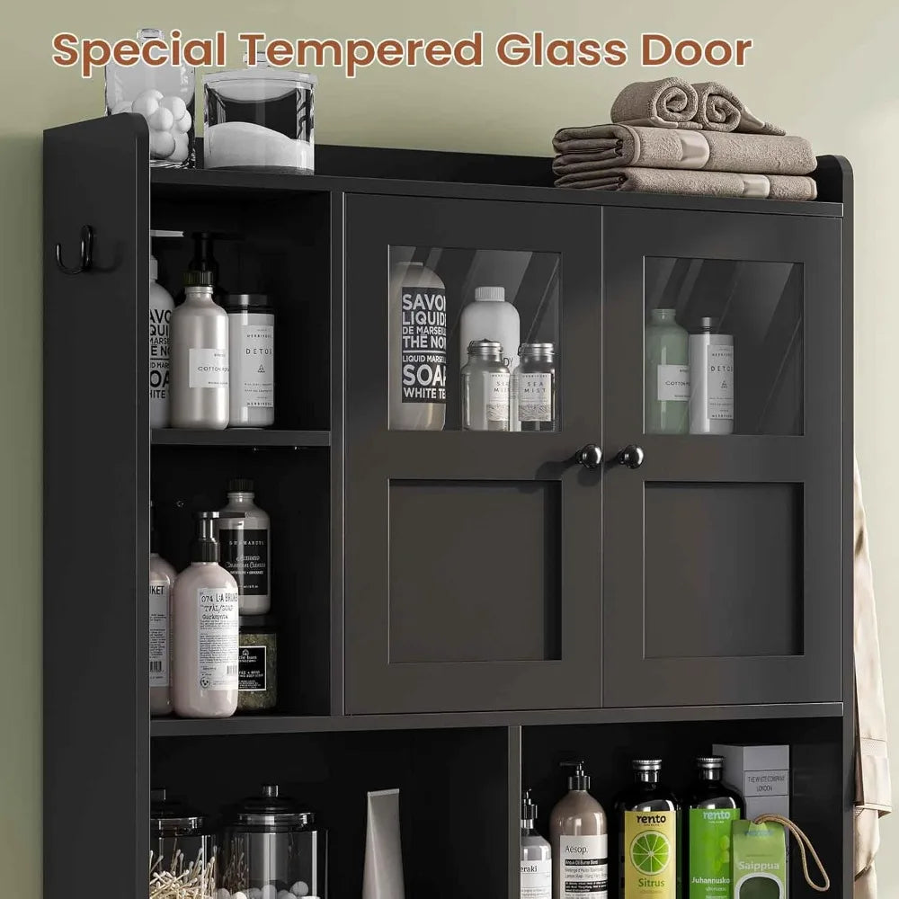 Over Toilet Storage Cabinet with Glass Doors & Paper Holder, Space-Saving Bathroom Organizer Rack for Home Restroom Laundry