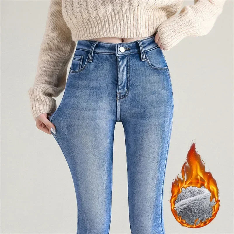 delete Women Thermal Skinny Jeans Mom Winter Warm Plush Stretch Jeans Lady Fleece Snow Denim Pants Student Pencil Straight Leg Trousers