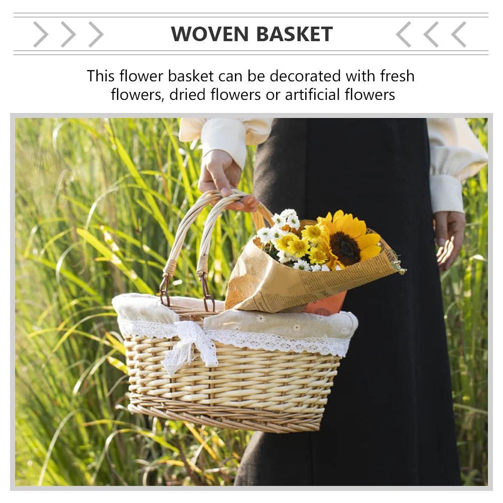 Woven Rattan White Woven Basket: Flower Basket Gift Basket with Handle and Cloth Liner Fruits Vegetables Bread Sundries Storage