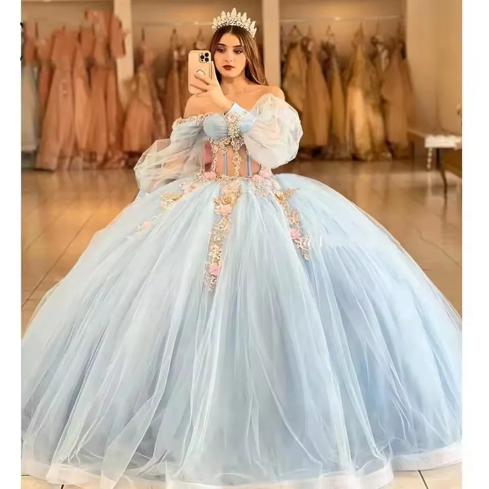 Light Blue Lace Quinceañera Ball Gown by Bomaris – Long Sleeves, Custom Princess 15 Años Dress