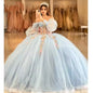 Light Blue Lace Quinceañera Ball Gown by Bomaris – Long Sleeves, Custom Princess 15 Años Dress
