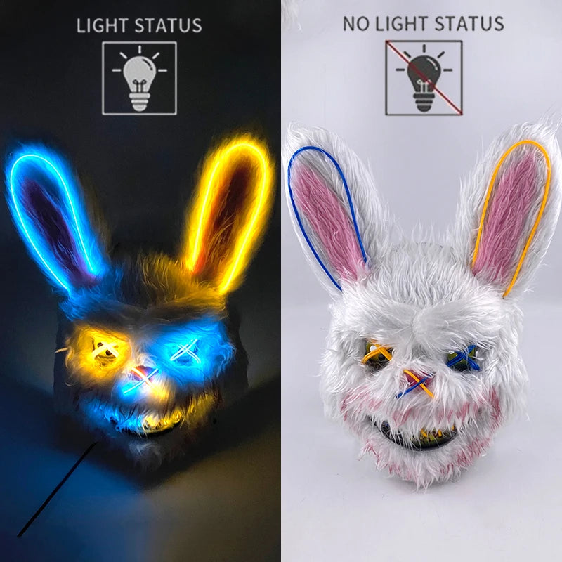 LED Glowing Cosplay Bloody Rabbit Mask Halloween Scary Killer Bloody Bunny Bear Headgear Carnival Masquerade Horror Costume Prop