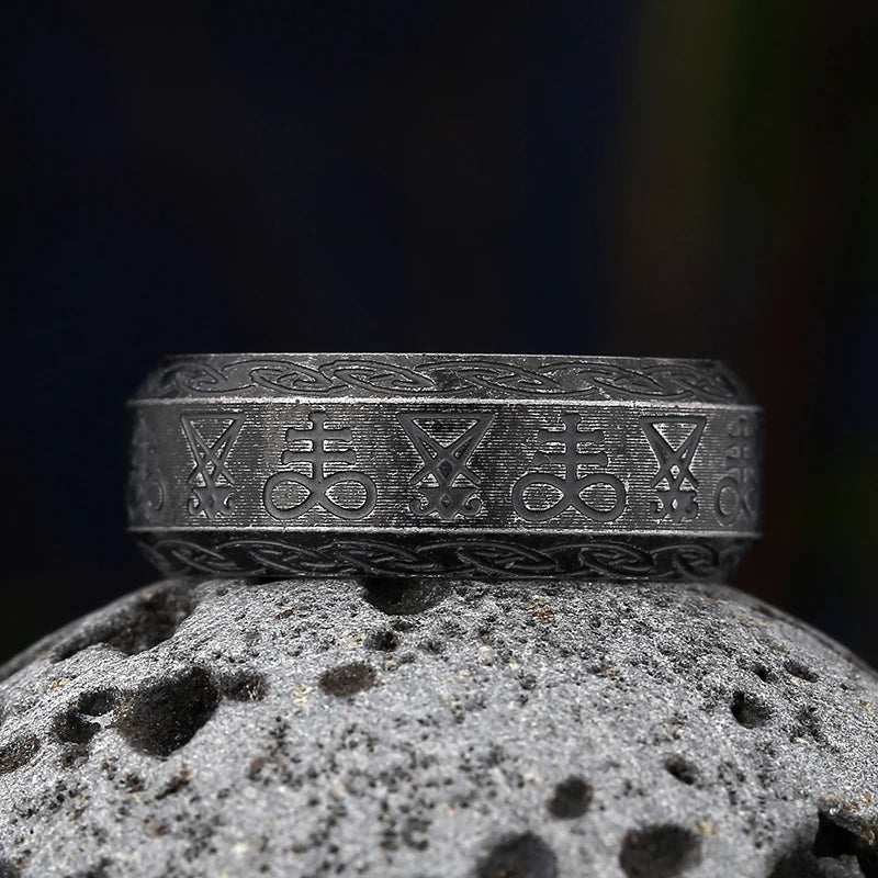 Vintage Lucifer Seal Signet Ring – Gothic Punk 316L Stainless Steel Black Stone