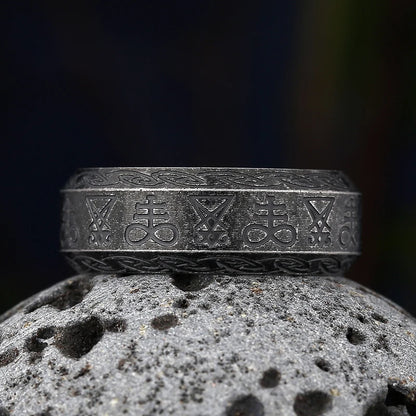 Vintage Lucifer Seal Signet Ring – Gothic Punk 316L Stainless Steel Black Stone