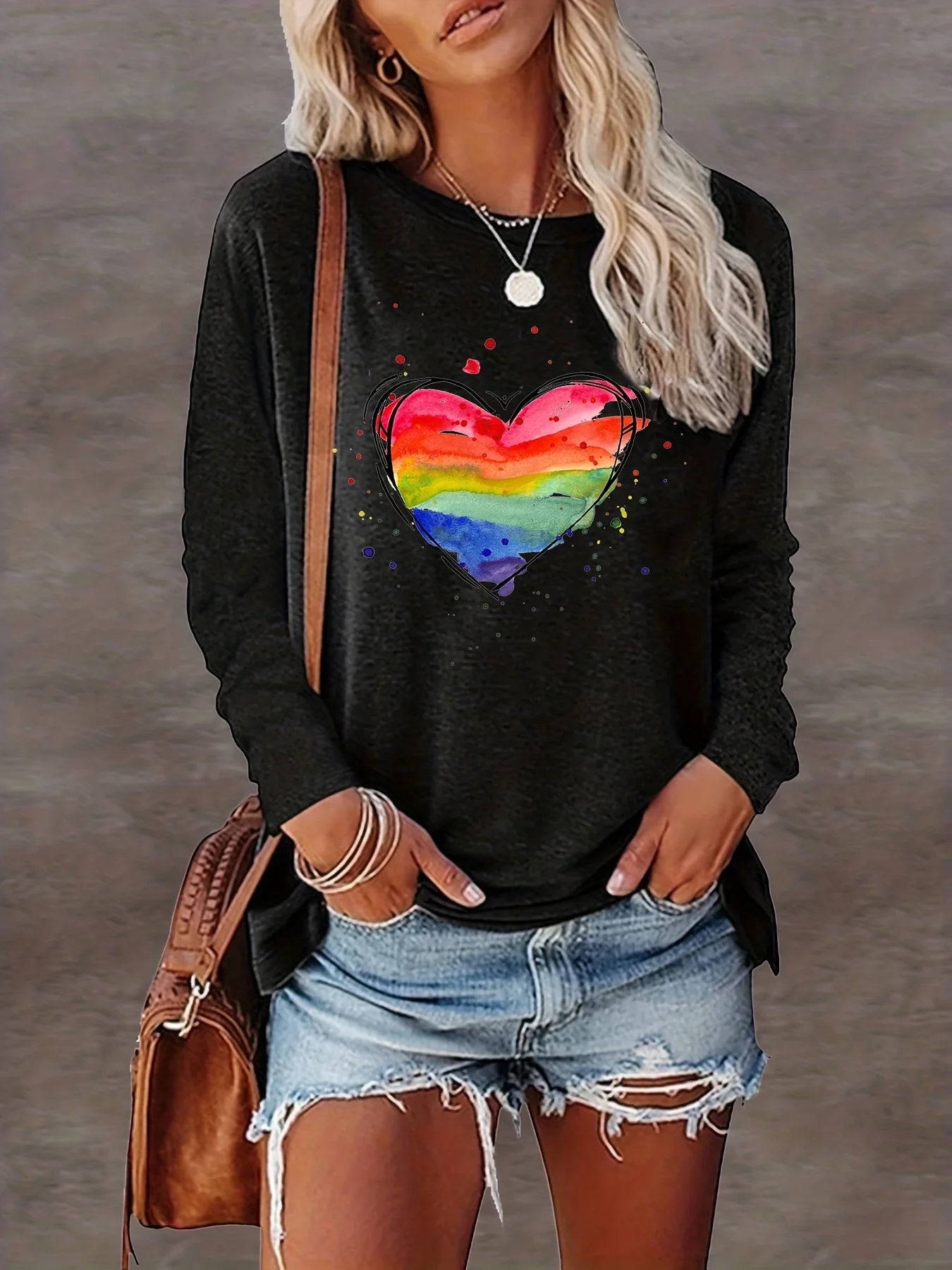 Rainbow Print, Casual Long Sleeve Crew Neck T-shirt