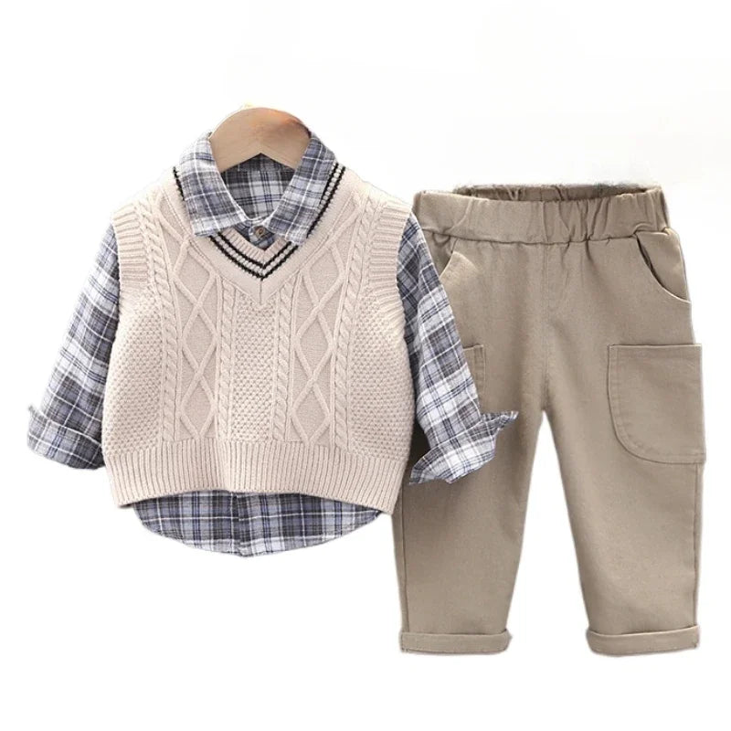 Baby Boys Clothes Suit Casual Plaid Shirt Vest Pants 3Pcs/Sets Toddler Cotton