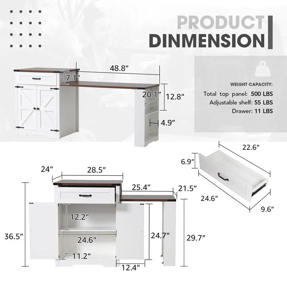 Extendable 76” Kitchen Island Cart — Power Outlet, Spice Rack, 2 Stoppers