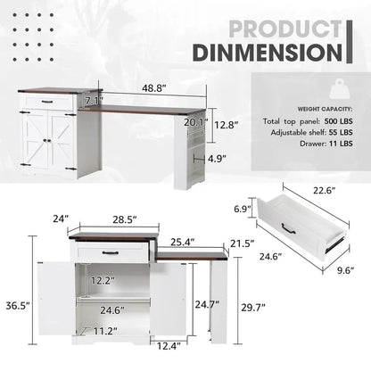 Extendable 76” Kitchen Island Cart — Power Outlet, Spice Rack, 2 Stoppers