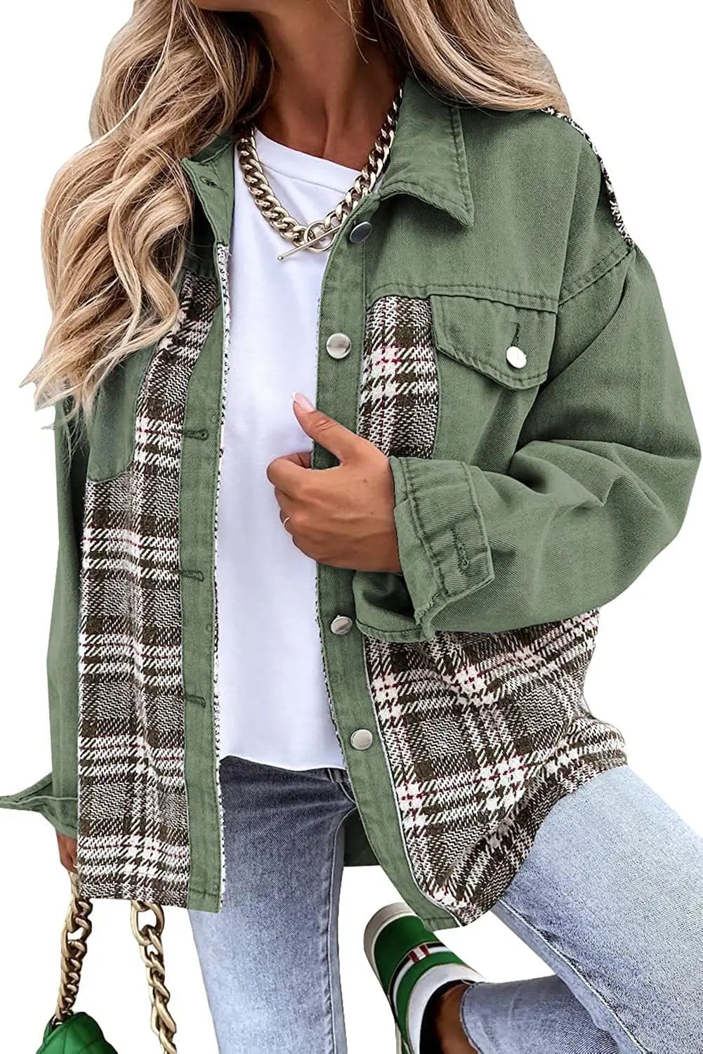 Women’s Long Sleeve Denim Jacket – Punk Plaid Print Button‑Up Irregular Shirt Jacket