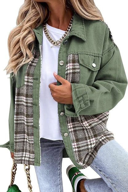 Women’s Long Sleeve Denim Jacket – Punk Plaid Print Button‑Up Irregular Shirt Jacket