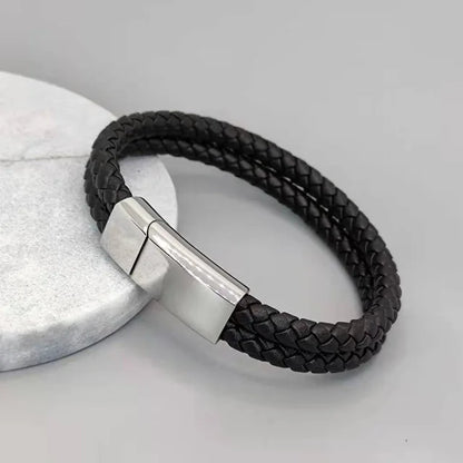 Personalized Black Leather Explorer Bracelet For Men Custom Engraved Name Date Strong Magnetic Clasps Bracelet Father's Day Gift