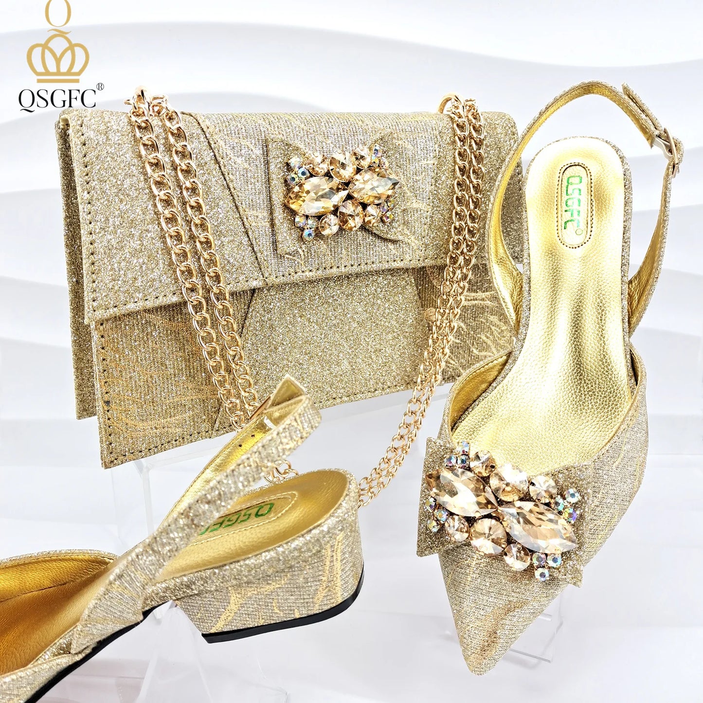 Italian-designed elegant evening shoes and bag set with African crystal accents, offering comfortable shoes and a spacious bag, perfect for commuters and women's fashion.