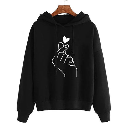Korean‑Style Fleece Hoodie – Solid Color Finger‑Heart Design, Cozy Autumn Long‑Sleeve Sweatshirt with Pockets