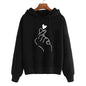 Korean‑Style Fleece Hoodie – Solid Color Finger‑Heart Design, Cozy Autumn Long‑Sleeve Sweatshirt with Pockets