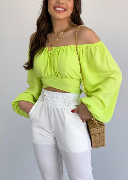 Women's Sexy Off-Shoulder Puff Sleeves Lace-up Tops Navel-Baring Shirts One-Colored Elegant Ladies Bright Color T-Shirt Tops