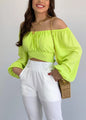Women's Sexy Off-Shoulder Puff Sleeves Lace-up Tops Navel-Baring Shirts One-Colored Elegant Ladies Bright Color T-Shirt Tops