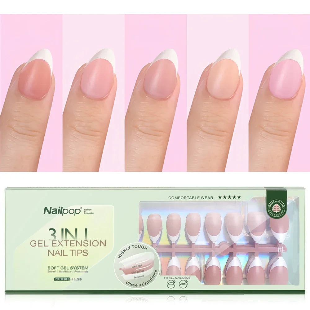 150PCS Short Coffin Press on Nails 3 in 1 Coat Soft Gel Nail Tips French Tip 15 Sizes
