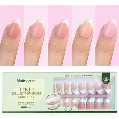 150PCS Short Coffin Press on Nails 3 in 1 Coat Soft Gel Nail Tips French Tip 15 Sizes