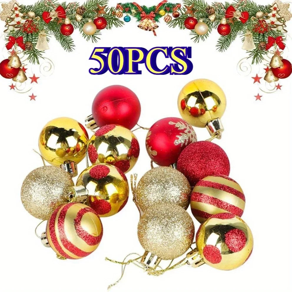 50pcs Christmas Ornaments Set - Shiny Red & Golden Decor Balls with 9 Unique Styles Perfect for Party Decorations