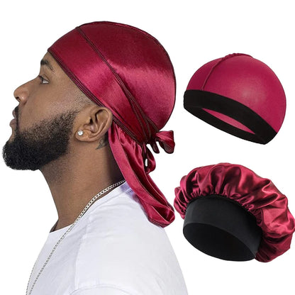 Set of 3 Men’s Silky Durags: Long Tail Pirate Hat, Headband Turban, Dome Wave Cap, Unisex Wig Cap with Elastic Band, Satin Bonnet