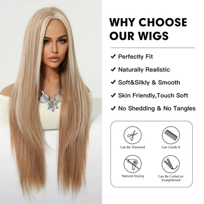 Long Straight Blonde Synthetic Wigs highlight Golden Hair Natural Female wig Middle Part Wigs For Cosplay Party Heat Resistant