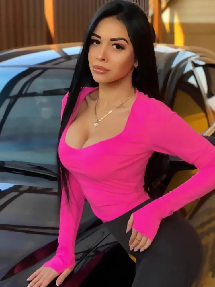 Women Long Sleeve Neon Bodycon Sexy Bodysuit