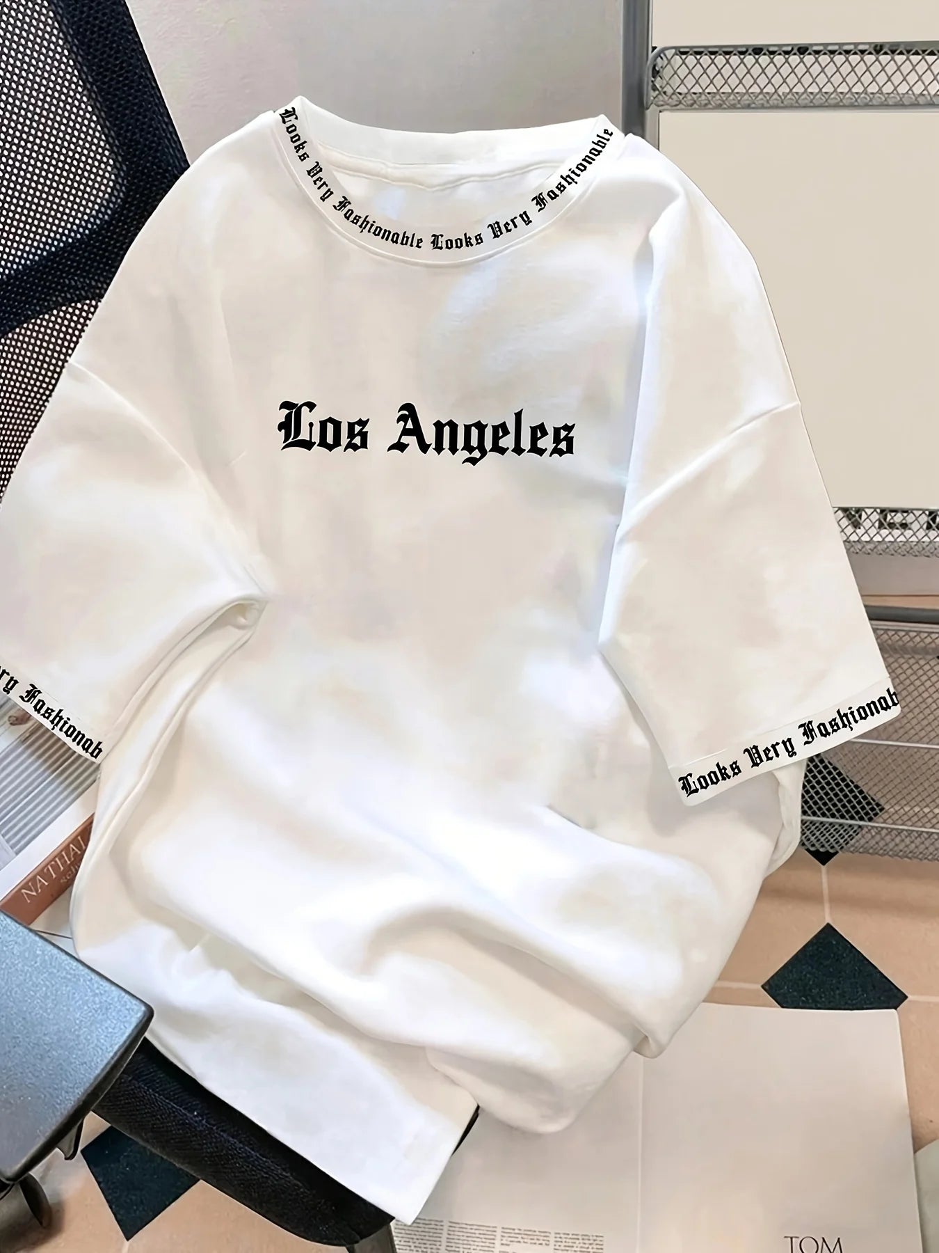 Men's Oversized Los Angeles Letter Print T-Shirt Polyester Summer Breathable Fabric Stylish Minimalist Short-Sleeve Design