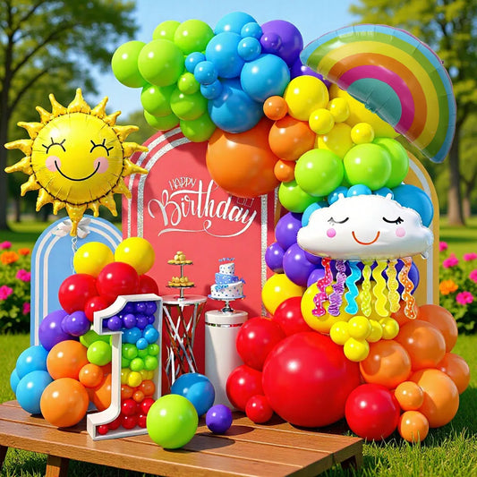 129PCS Rainbow Sun Cloud Balloon Set - Party Supplies for Kids Birthday, Outdoor Celebration & Holiday Party