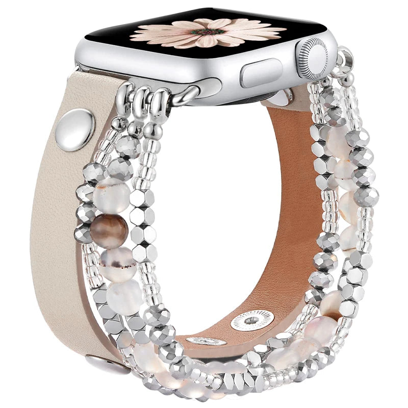 Leather Strap For Apple Watch Ultra 2 Band 49mm 40mm 46mm 41mm Women Elastic Beaded Bracelet Iwatch Series 10 9 8 7 6 SE 5 45mm