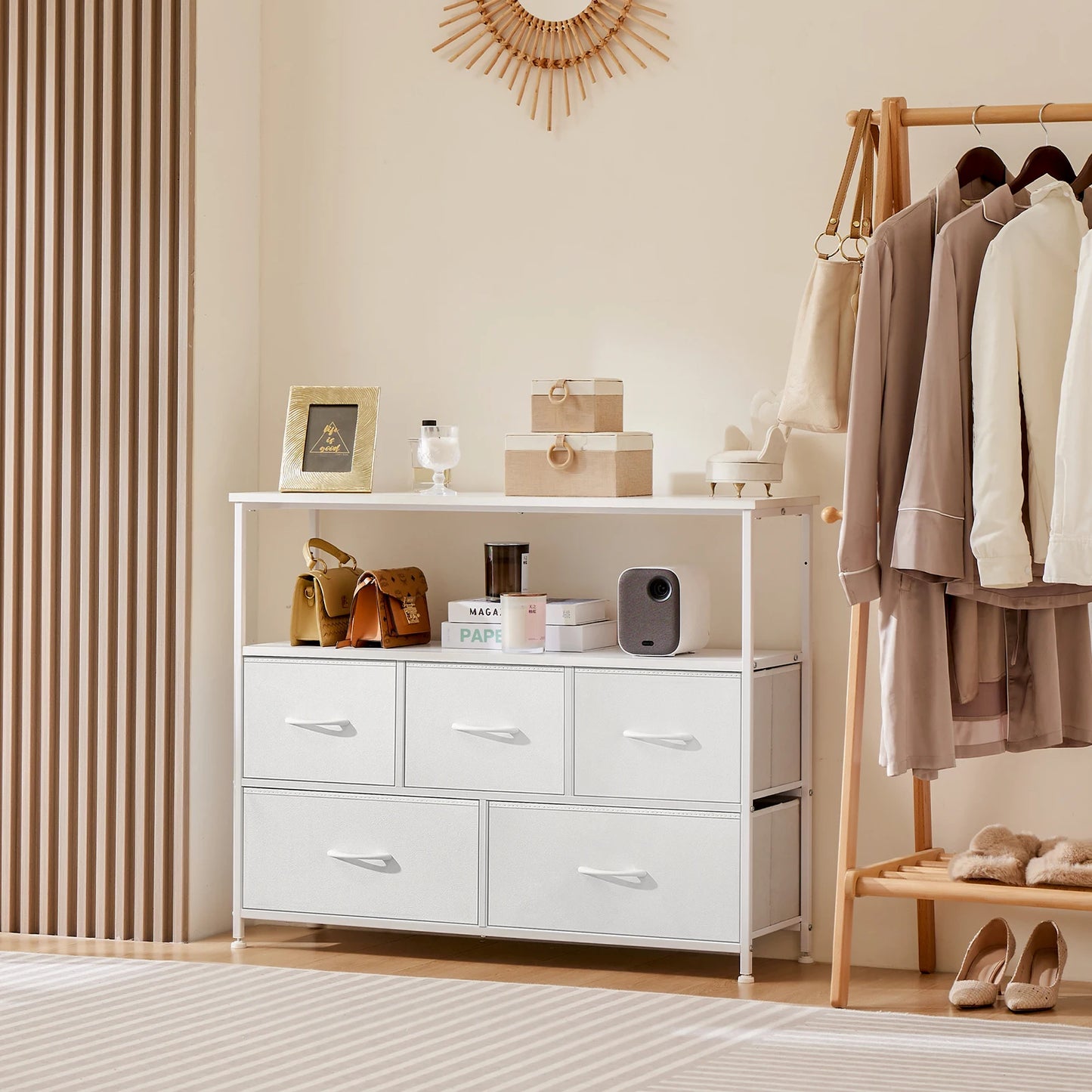 JHK Shoe Cabinet Dresser With 5 Fabric Drawers  Space Saving Cabinet  Home Furniture