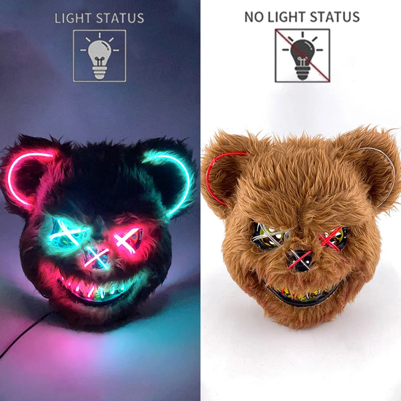LED Glowing Cosplay Bloody Rabbit Mask Halloween Scary Killer Bloody Bunny Bear Headgear Carnival Masquerade Horror Costume Prop