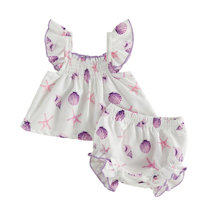 Baby Girl Summer Outfits Watermelon Sunflower Ocean Print Ruffled Trim A Line Flying Sleeve Tops and Shorts 2 Pcs Set