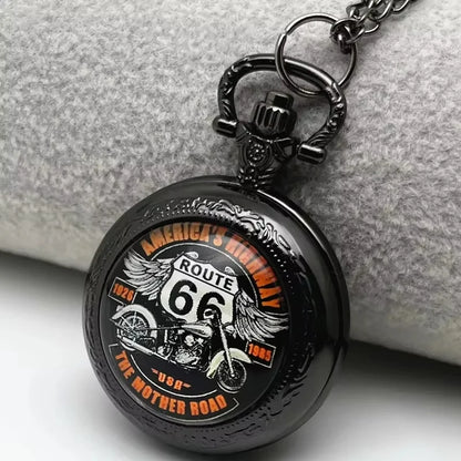 Exquisite Cool Motorbike Route 66 The Mother Road Pattern Pocket Watch Design, Precise Quartz Movement Watch Gift for Male Kids