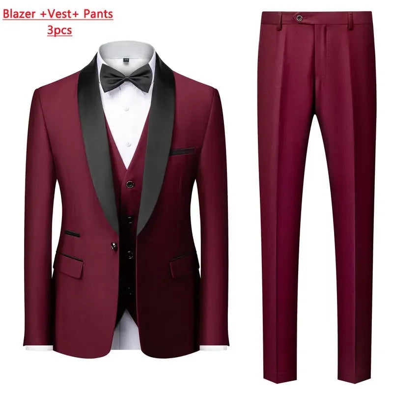 Men's Solid Color Suit Jacket Blazer Waistcoat Vest Pants Set M-6XL