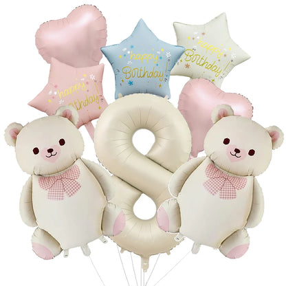 Cute Teddy Bear Party Birthday Number Balloons Large Retro Brown Bear Foil Balloon Set 8 pcs Baby Shower Birthday Party Decor