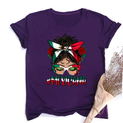 Mexicana Printed Women Top Women's Mexican Flag Pattern Casual T-shirt Summer Round Neck Short Sleeve Shirts Outfits