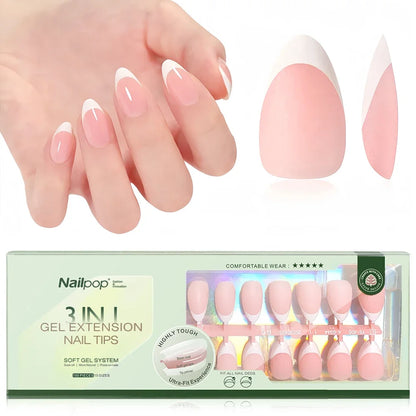 150PCS Short Coffin Press on Nails 3 in 1 Coat Soft Gel Nail Tips French Tip 15 Sizes