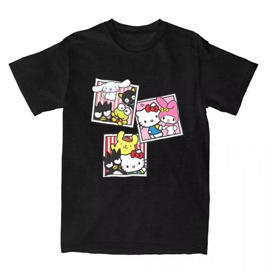 Hello Kitty and Friends T-shirt, Men's and Women's Pure Cotton Fashion T-shirt, Round Neck T-shirt, Short Sleeved Top, Plus Size