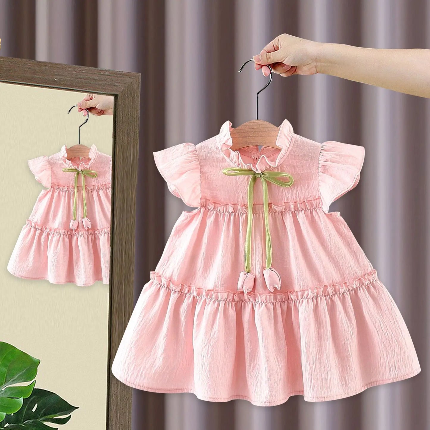 Baby Girl Dress In Summer, Cute Solid Color With Small Flying Sleeves, Sweet Tulip Children'S Princess Dress