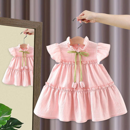 Baby Girl Dress In Summer, Cute Solid Color With Small Flying Sleeves, Sweet Tulip Children'S Princess Dress