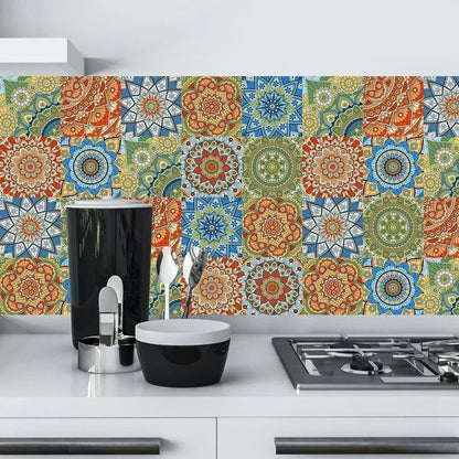 10pcs/set Mandala Style Crystal Hard Tiles Ceramics Wall Sticker Kitchen Wardrobe Decor Art Mural & Stick Wall Decals