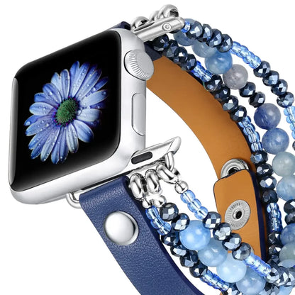Leather Strap For Apple Watch Ultra 2 Band 49mm 40mm 46mm 41mm Women Elastic Beaded Bracelet Iwatch Series 10 9 8 7 6 SE 5 45mm