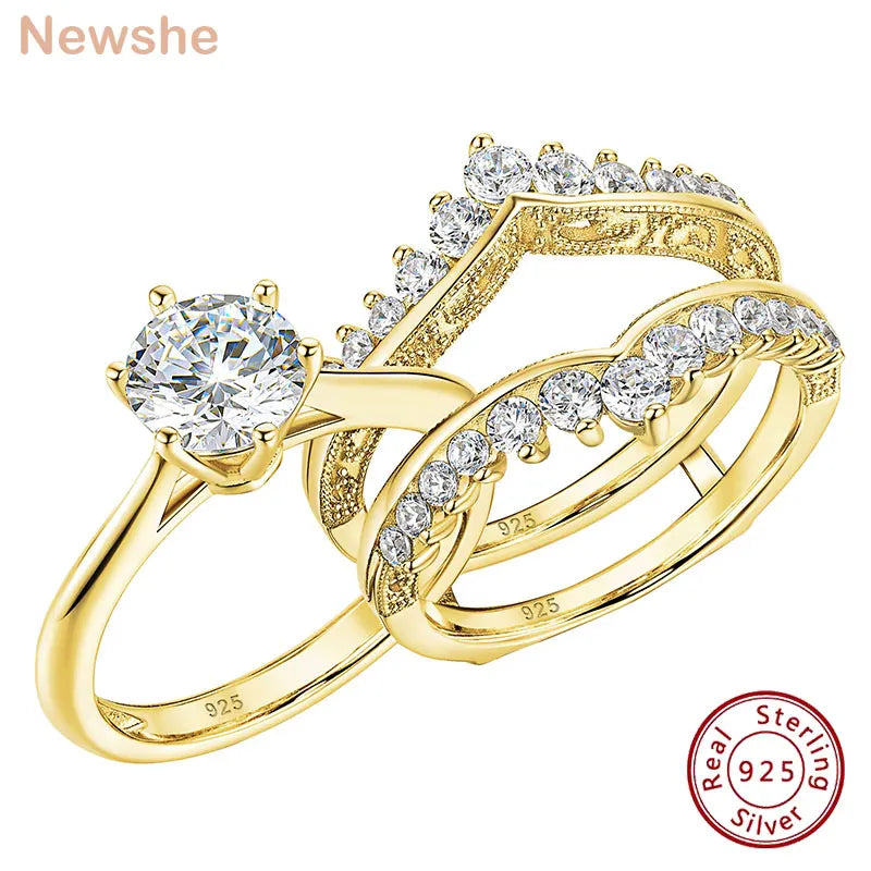 Newshe 14k Yellow Gold Bridal Ring Set for Women 2Ct Round Cut AAAAA Cubic Zircon Wedding Engagement Anniversary Band BR1167_Y