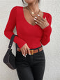 Women Solid Rib Knit V Neck Top