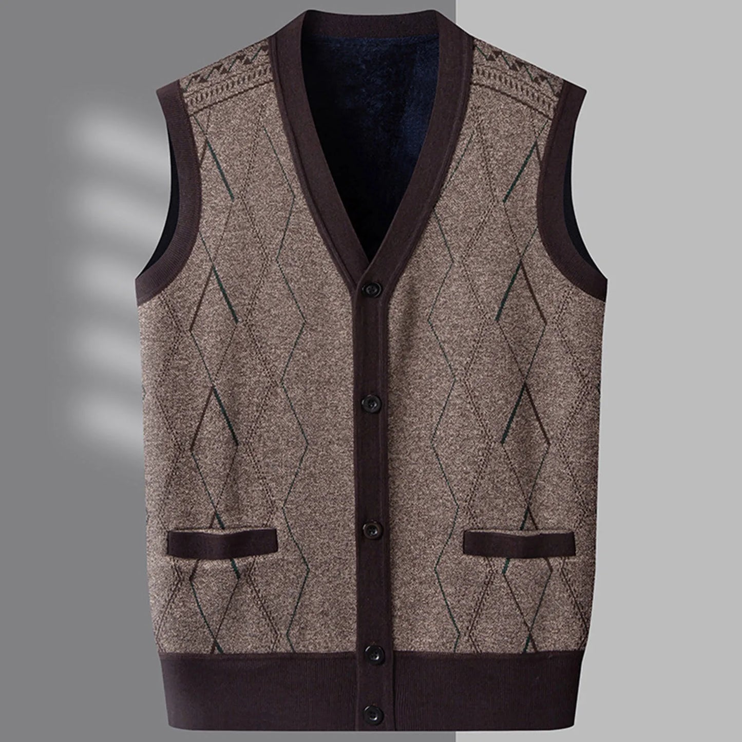 Men'S Autumn And Winter Middle Thickened Knit Vest Plus Fleece Fashion Printed Loose V Neck Cardigan Sweatercoat For Men Trendy