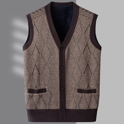 Men'S Autumn And Winter Middle Thickened Knit Vest Plus Fleece Fashion Printed Loose V Neck Cardigan Sweatercoat For Men Trendy