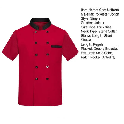 Kitchen Chef Uniform Bakery Food Service Cook Mesh Back Stand Collar Short Sleeve Shirt Breathable Double Breasted Chef Clothes