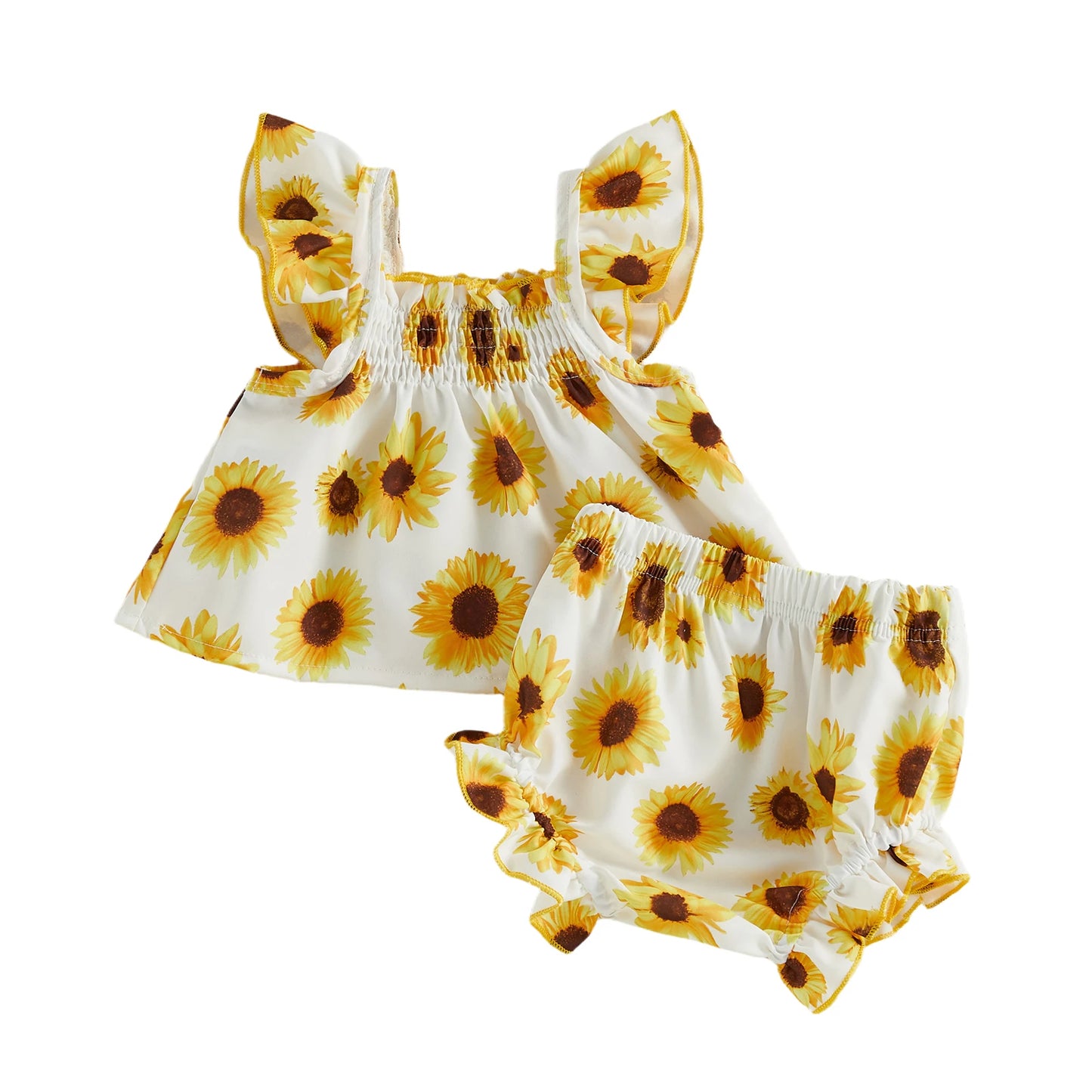 Baby Girl Summer Outfits Watermelon Sunflower Ocean Print Ruffled Trim A Line Flying Sleeve Tops and Shorts 2 Pcs Set