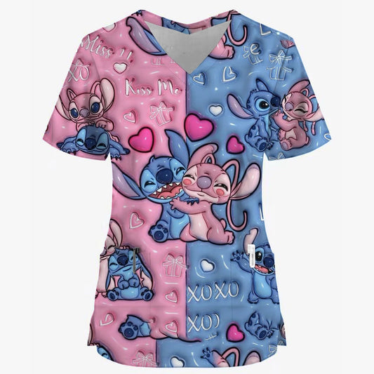 Women's Nurse Style Scrub Disney Stitch Print Short Sleeve T-Shirt V Neck Hospital Uniform